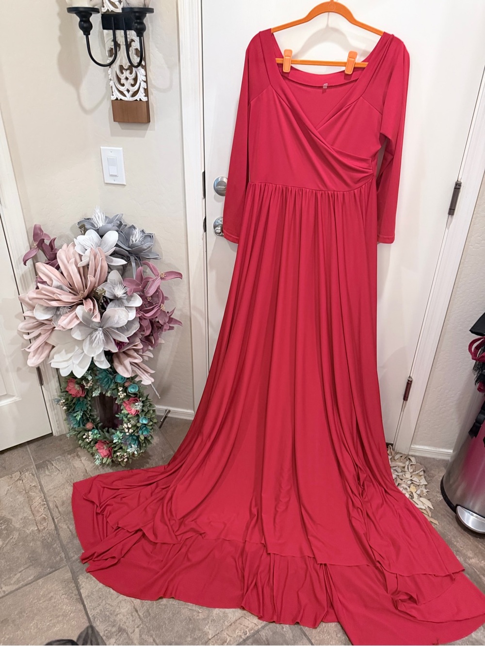 Photography Long Red Maxi Dress with Draped Bodice